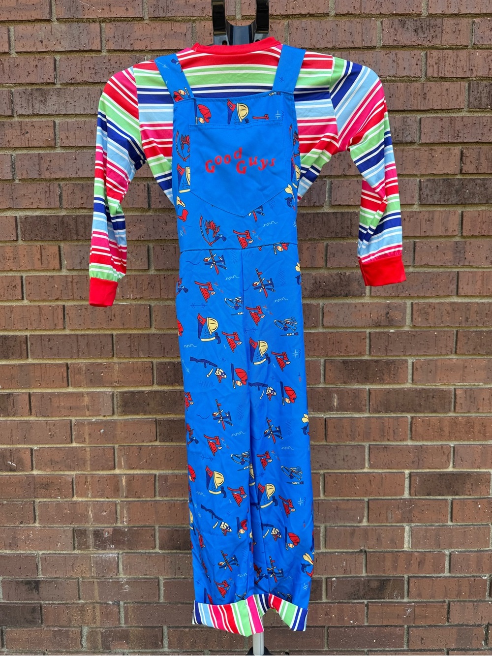 Kids Creepy Killer Doll Halloween Costume Striped Shirt Blue Overalls Size M EUC